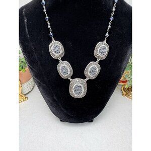 Talbots Gray Druzy Statement Necklace Blue Crystal Beads Icy 20”